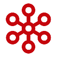 Red icon with a central circle and six radiating lines ending in smaller circles
