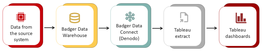 Diagram showing data flow from source system to Badger Data Warehouse to Badger Data Connect (Denodo) to Tableau dashboards.