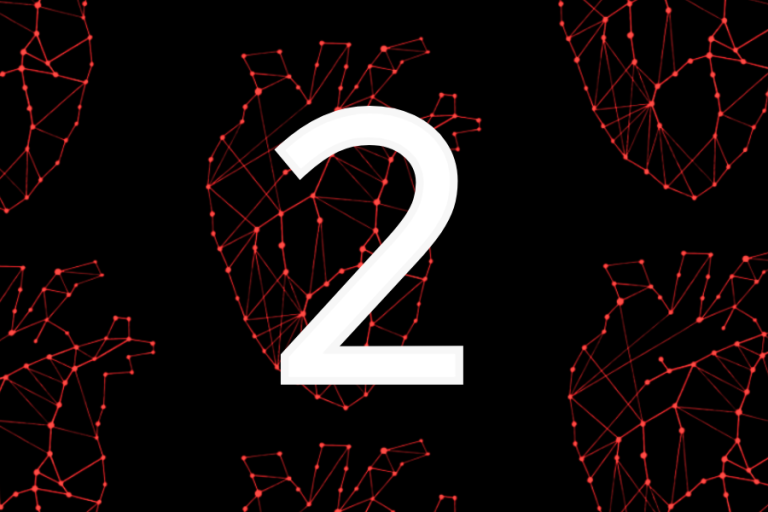 Digital art of five human hearts formed by interconnected red dots with a number 2 superimposed over the top.