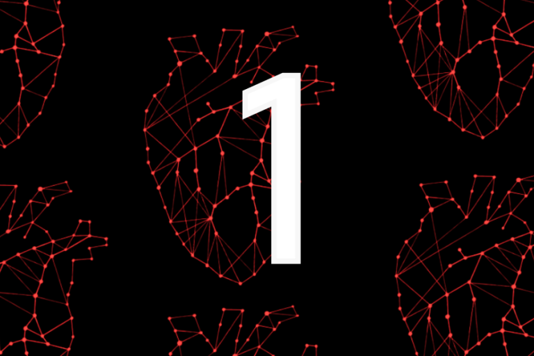 Digital art of five human hearts formed by interconnected red dots with a number 1 superimposed over the top.
