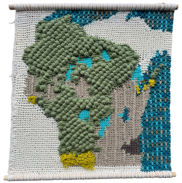 Crocheted map of Wisconsin.