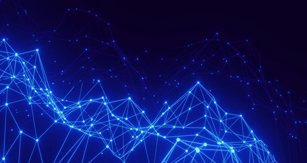Abstract digital network of glowing blue connected nodes and lines