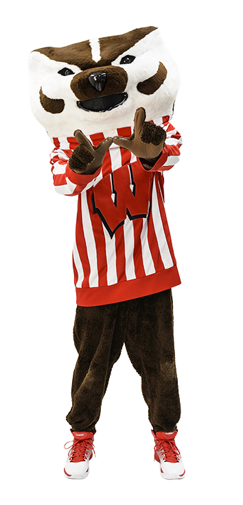 Bucky Badger is making a 'W' with his hands. 