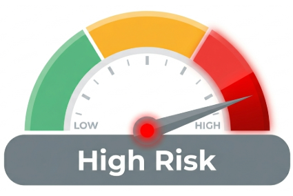 Color-coded risk meter ranging from low (green) to high (red), with the indicator pointing to the high-risk section and the label “High Risk” displayed below.